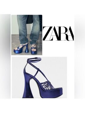 Zara metallic cobalt blue strappy platform 70s 80s retro disco high heels Sz 39